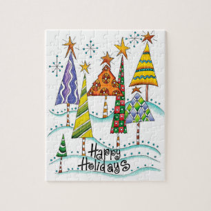 Happy Holidays! Cute Christmas Trees with Stars Jigsaw Puzzle