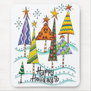 Happy Holidays! Cute Christmas Trees with Stars Mouse Mat