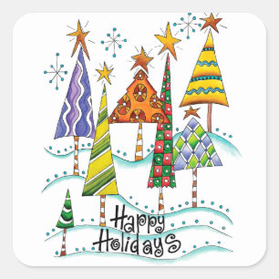 Happy Holidays! Cute Christmas Trees with Stars Square Sticker