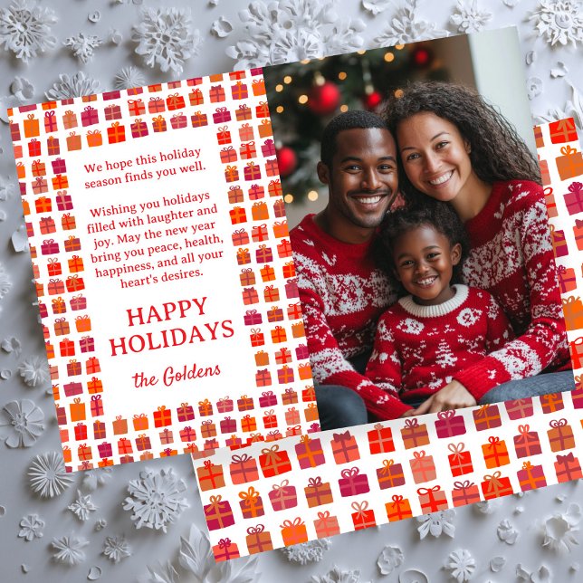 Happy Holidays Cute Gifts Hand Drawn CUSTOM PHOTO  Holiday Card (Happy Holidays Cute Gifts Gift Boxes Pattern Hand Drawn CUSTOM PHOTO Holiday Card
)