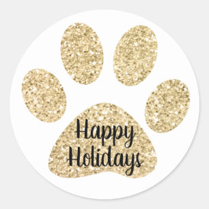 Happy Holidays Cute Gold Glitter Paw Print Classic Round Sticker