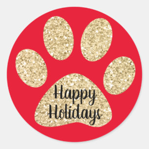 Happy Holidays Cute Gold Glitter Paw Print Red Classic Round Sticker