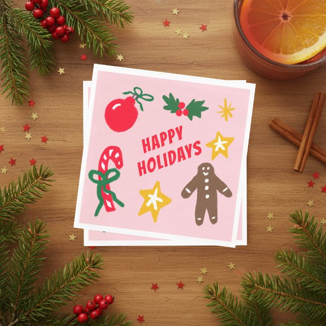 HAPPY HOLIDAYS Cute Hand-Drawn CUSTOM  Napkin (HAPPY HOLIDAYS Cute Hand-Drawn icons Christmas Party CUSTOM Napkins
)