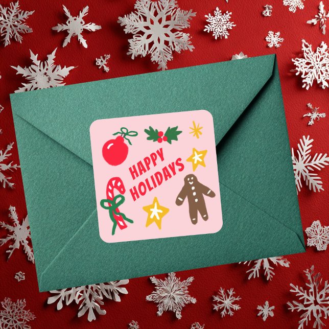 HAPPY HOLIDAYS Cute Hand-Drawn CUSTOM  Square Sticker (HAPPY HOLIDAYS Cute Hand-Drawn CUSTOM Square Sticker
)