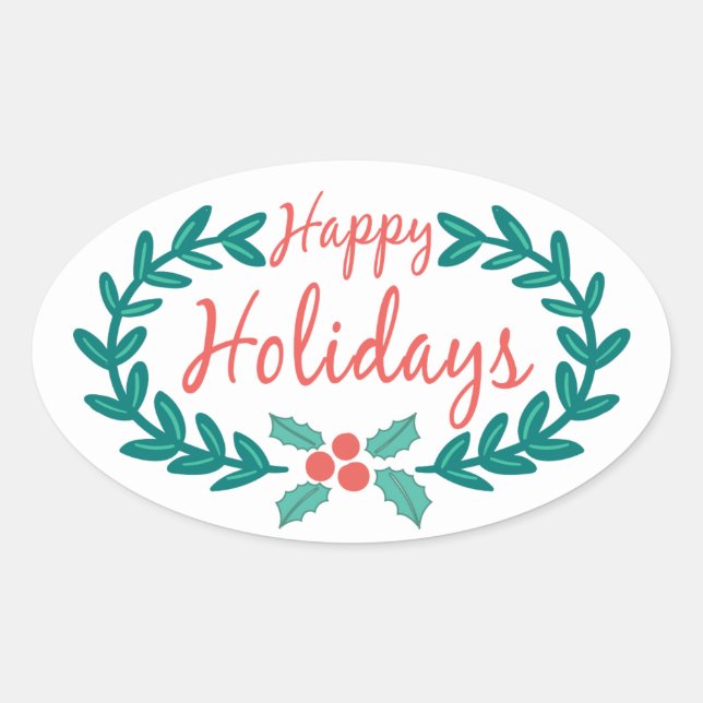 HAPPY HOLIDAYS CUTE HOLLY WREATH OVAL STICKER (Front)