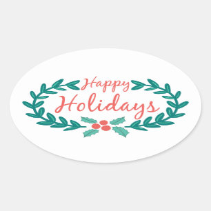 HAPPY HOLIDAYS CUTE HOLLY WREATH OVAL STICKER
