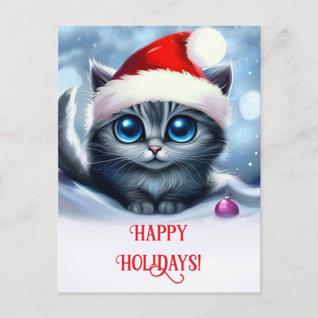 Happy Holidays Cute Kitten and Santa Hat Holiday Postcard (Front)
