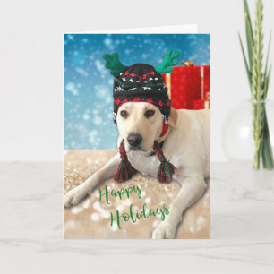 Happy Holidays Cute Labrador Dog Antler Hat Holiday Card