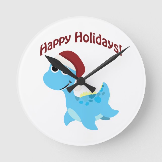 Happy Holidays! Cute Nessie Round Clock (Front)