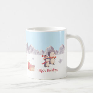 Happy Holidays Cute Penguins Playing in the Snow Coffee Mug