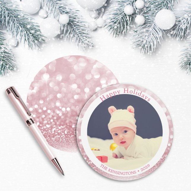 Happy Holidays Cute Pink Glitter Holiday Card (Baby’s First Christmas Round Holiday Photo Card)