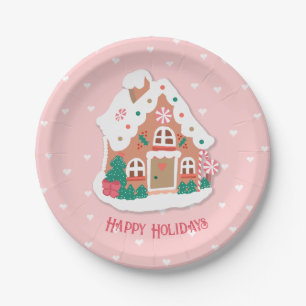 Happy Holidays Cute Pink Snowy Gingerbread House Paper Plate