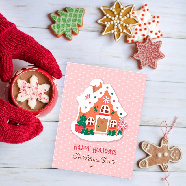 Happy Holidays Cute Pink Snowy Gingerbread House Postcard (Creator Uploaded)