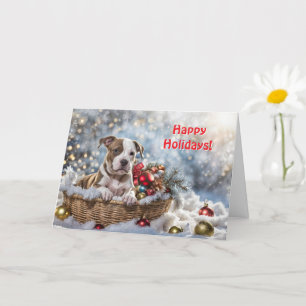 Happy Holidays Cute Pitbull Puppy Dog in Basket  Card