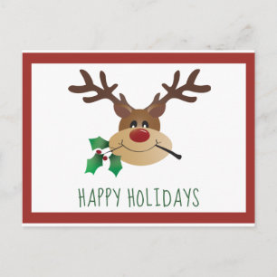 Happy Holidays Cute Reindeer Mistletoe Red Green Postcard