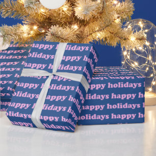 Happy Holidays   Cute Retro Typography Pink Blue Wrapping Paper