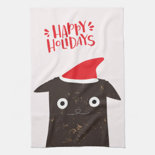 Happy Holidays! Cute Santa Cat Cartoon - Christmas Tea Towel