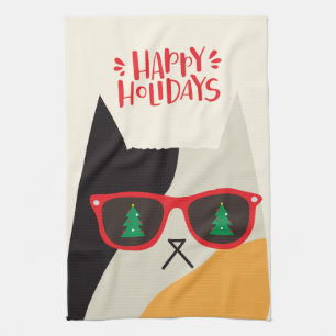 Happy Holidays! Cute Santa Cat Cartoon - Christmas Tea Towel