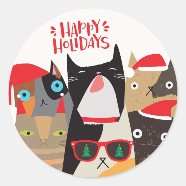 Happy Holidays! Cute Santa Cat Cartoons Christmas Classic Round Sticker (Front)