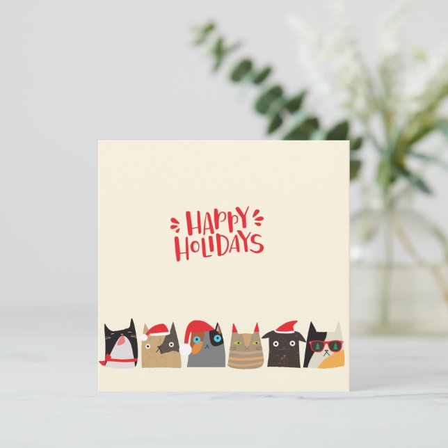 Happy Holidays! Cute Santa Christmas Cat Cartoons Holiday Card (Standing Front)