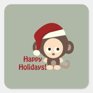 Happy Holidays Cute Santa Monkey Square Sticker
