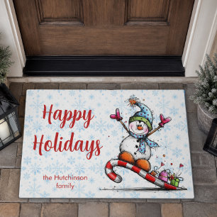 Happy Holidays Cute Snowman Family Name Christmas Doormat