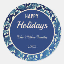 Happy Holidays Damask Leaves on Blue