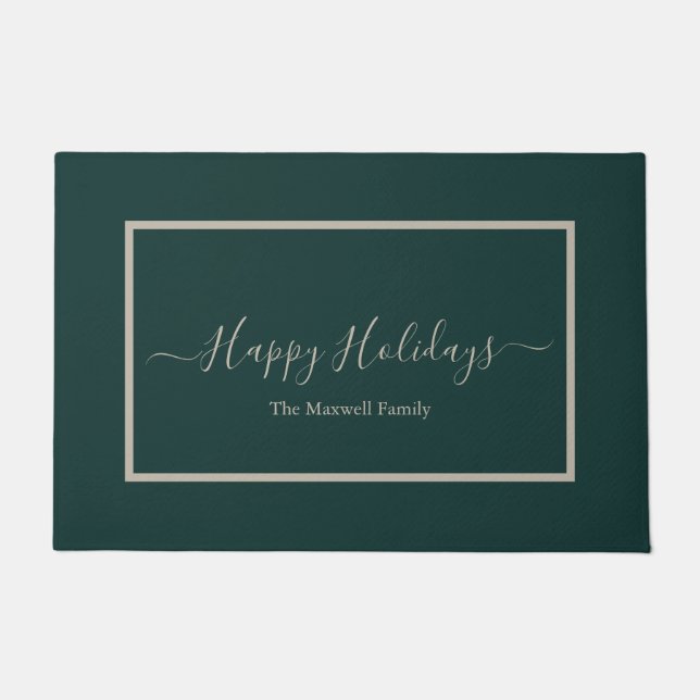 Happy Holidays dark green family name Doormat (Front)
