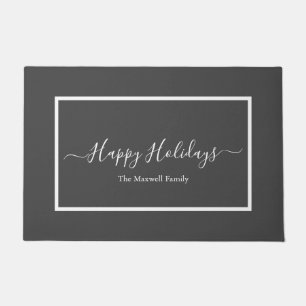 Happy Holidays dark grey white family name  Doormat