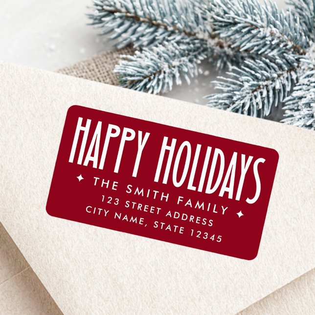 Happy Holidays deep red return address Label (Happy Holidays deep red return address Label)