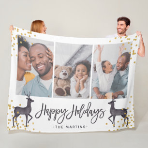 Happy Holidays Deer and Confetti Photo Collage Fleece Blanket