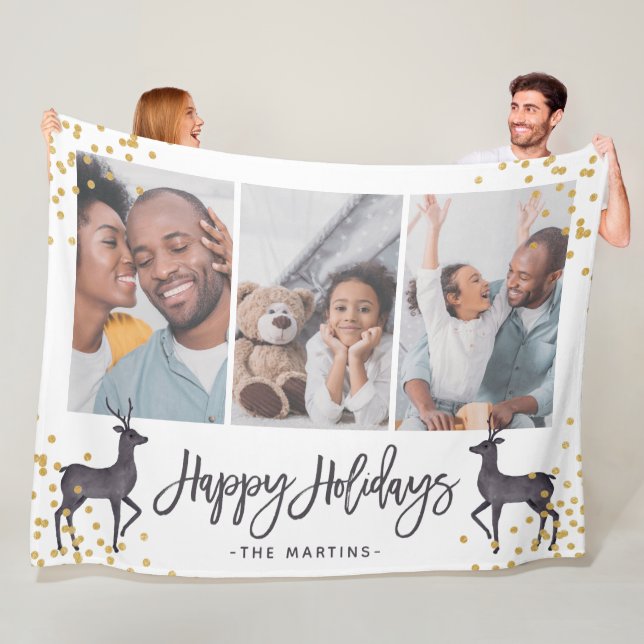 Happy Holidays Deer and Confetti Photo Collage Fleece Blanket (In Situ)
