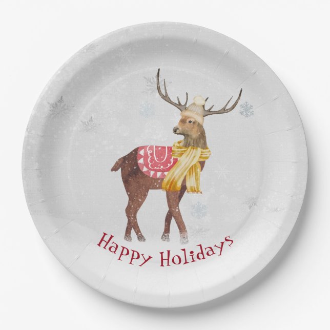 Happy Holidays Deer In Snow Paper Plate (Front)