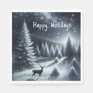 Happy Holidays Deer In Winter Forest Napkin