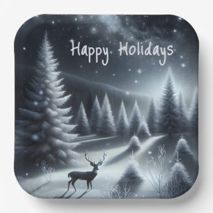 Happy Holidays Deer In Winter Forest Paper Plate