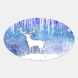 Happy Holidays Deer Scene Oval Sticker