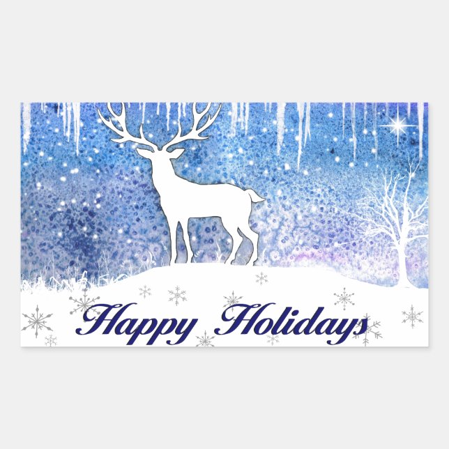 Happy Holidays Deer Scene Rectangular Sticker (Front)