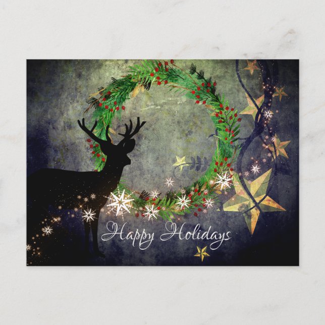 Happy Holidays Deer, Wreath, Snowflakes and Stars Holiday Postcard (Front)
