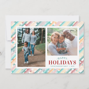 Happy Holidays Diagonal Stripes 2 Photos Christmas Holiday Card