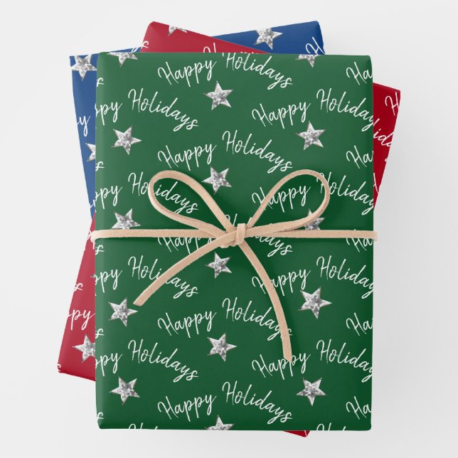 Happy Holidays Diamond Stars Wrapping Paper Sheet (In situ)