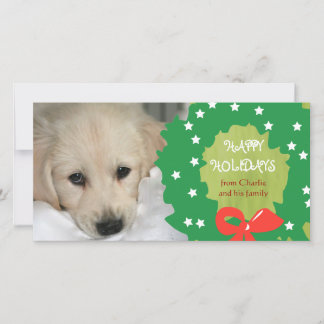 Happy Holidays Dog Photo Cards Wreath Green