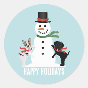 Happy Holidays Dogs Building A Snowman Classic Round Sticker