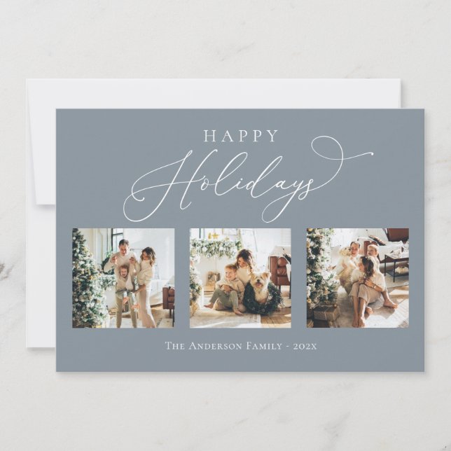 Happy Holidays Dusty Blue Multi Photo Collage Holiday Card (Front)