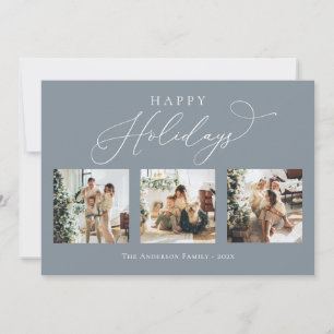 Happy Holidays Dusty Blue Multi Photo Collage Holiday Card