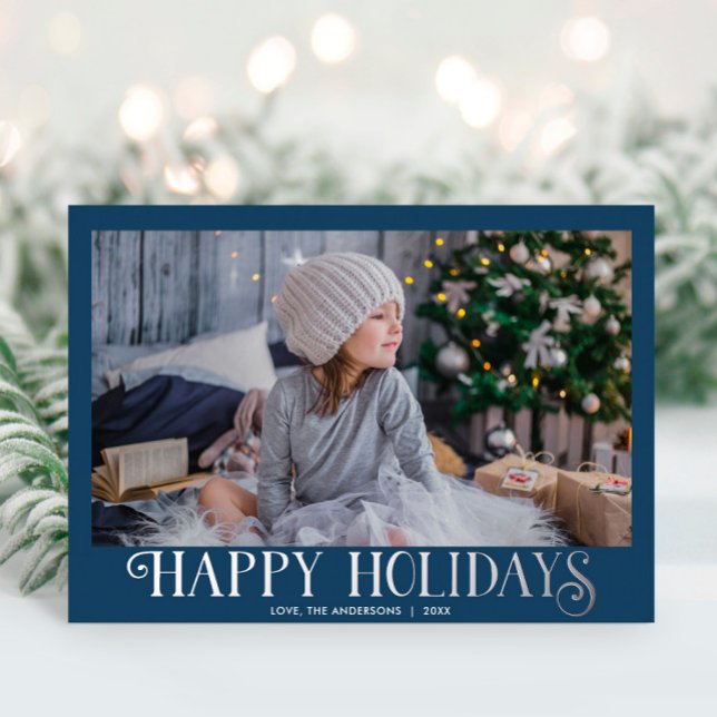 Happy Holidays dusty blue silver Modern one photo Foil Holiday Card (Creator Uploaded)