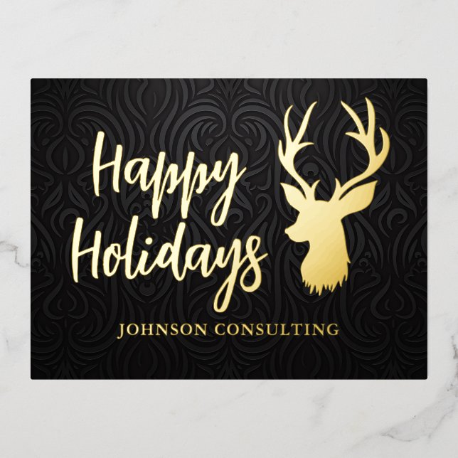 Happy Holidays Elegant Black Damask Reindeer Foil Holiday Postcard (Front)
