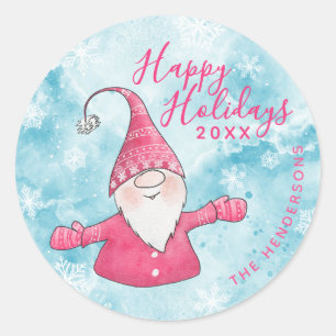 Happy Holidays Elegant Blue Pink Gnome Christmas Classic Round Sticker