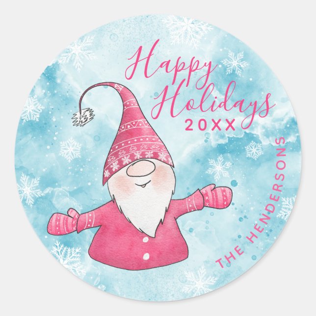 Happy Holidays Elegant Blue Pink Gnome Christmas Classic Round Sticker (Front)