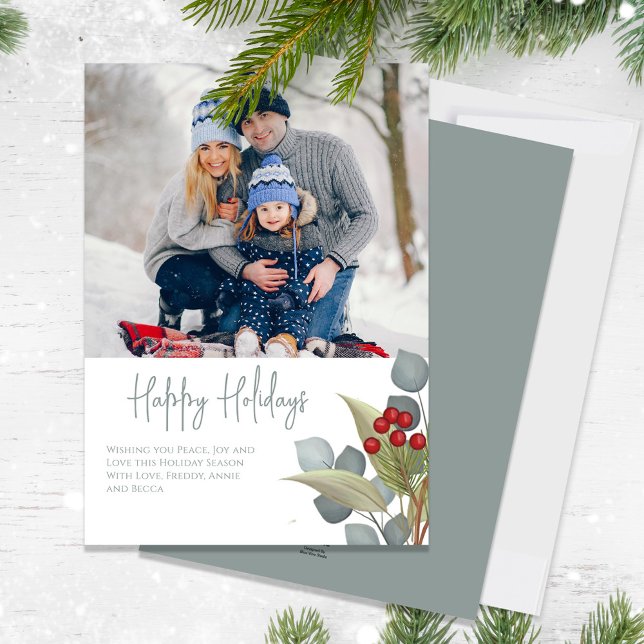 Happy Holidays Elegant Botanical Greenery Berries  Holiday Card (Happy Holidays cute calligraphy script holiday greenery photo greeting card)
