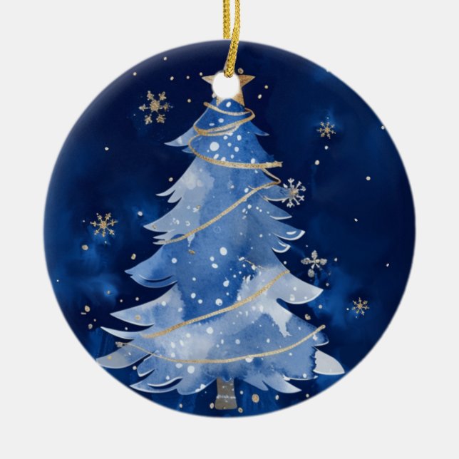  Happy Holidays Elegant Navy Gold Christmas Ceramic Tree Decoration (Front)